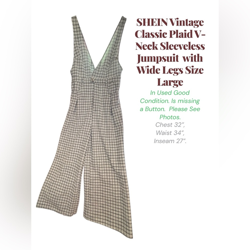 SHEIN Checkered V-Neck Sleeveless Jumpsuit - Black and White Size Large